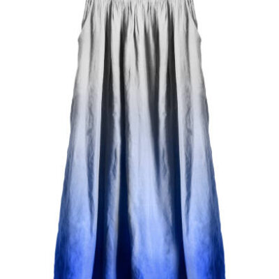 Long flared blue and white linen skirt on white background