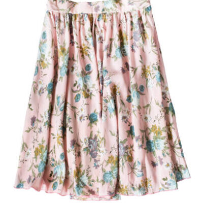 Pink floral chiffon flared skirt on white background