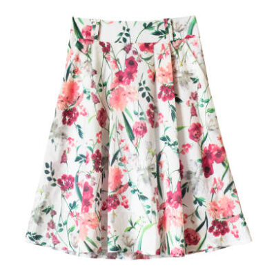 Colorful floral printed flared skirt on white background